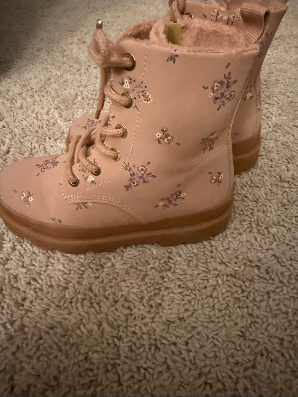 H&M Blush Pink Floral Lace-Up Kids Boots with Faux Fur Trim